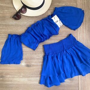 Isla Posh Summer Mini Skirt Off Shoulder Top in Royal Blue